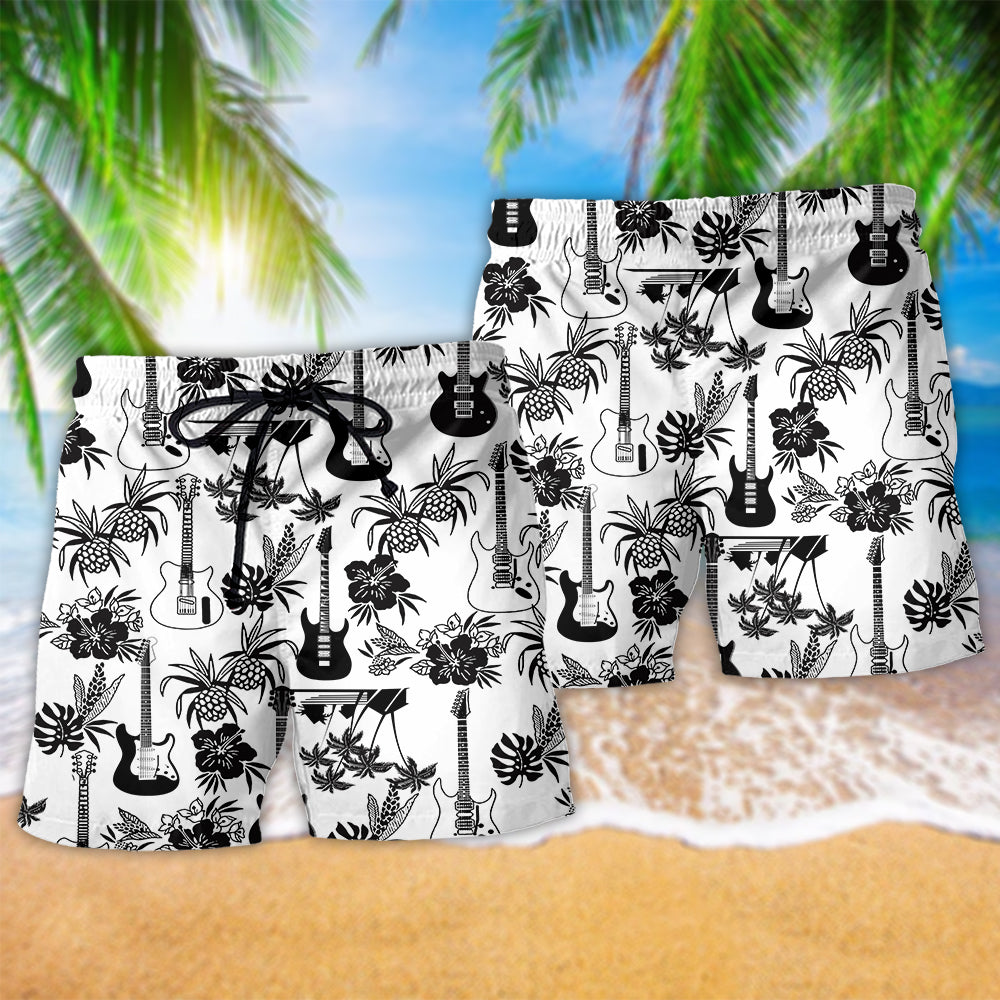 Electric Guitar Black And White Beach Shorts Artwork Detail For Casual Warm Weather Outfits
