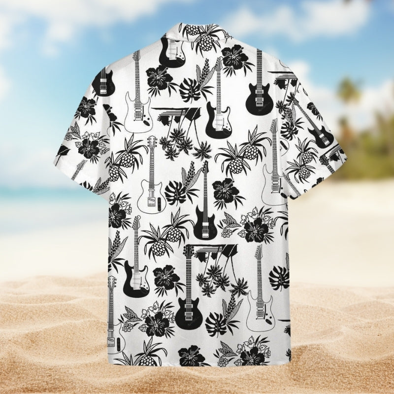 Music With Electric Guitar Hawaiian Shirt For Music Lovers Resort Travel And Casual Warm Weather Wear