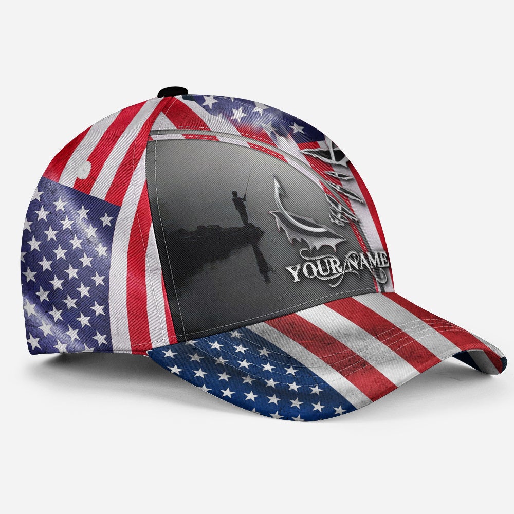 Custom Fishing Hook American Flag Personalized Name Classic Cap For Festivals Holidays And Comfortable Everyday Wear