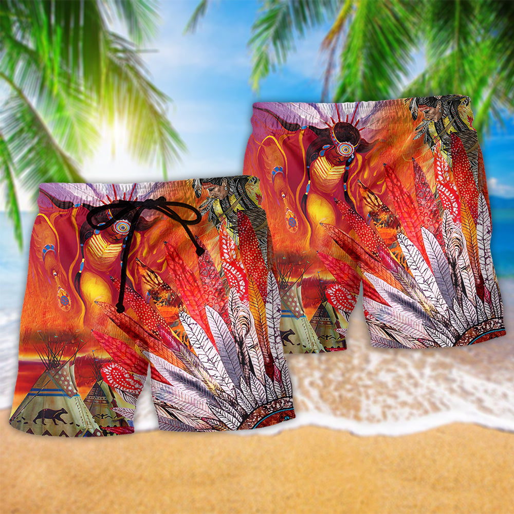 Southwestern Fire Red Beach Shorts Pattern Detail For Holiday Travel And Warm Weather Wardrobe