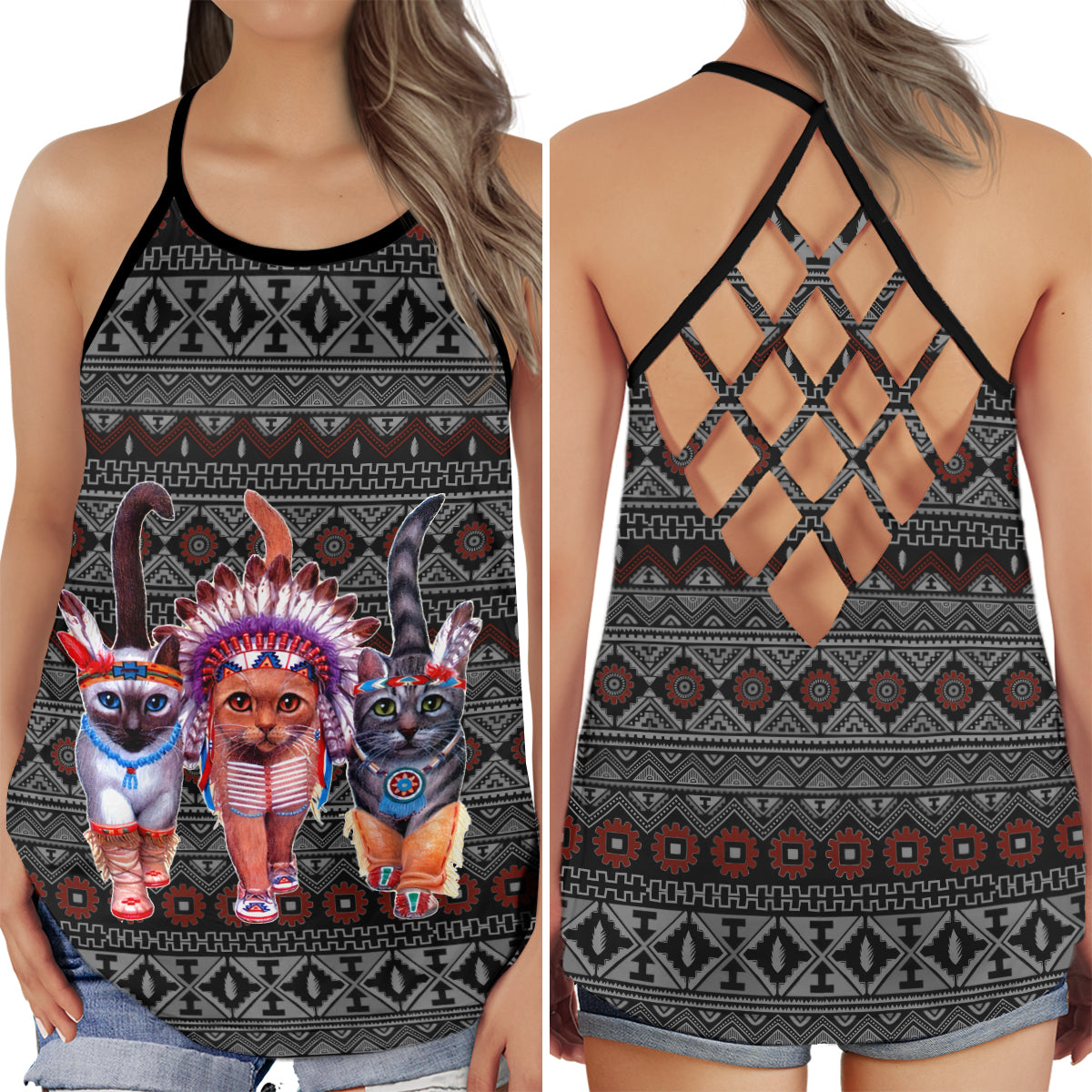 Tribal Cat Heritage Spirit Hollow Tank Top For Yoga Workouts And Festival Wear