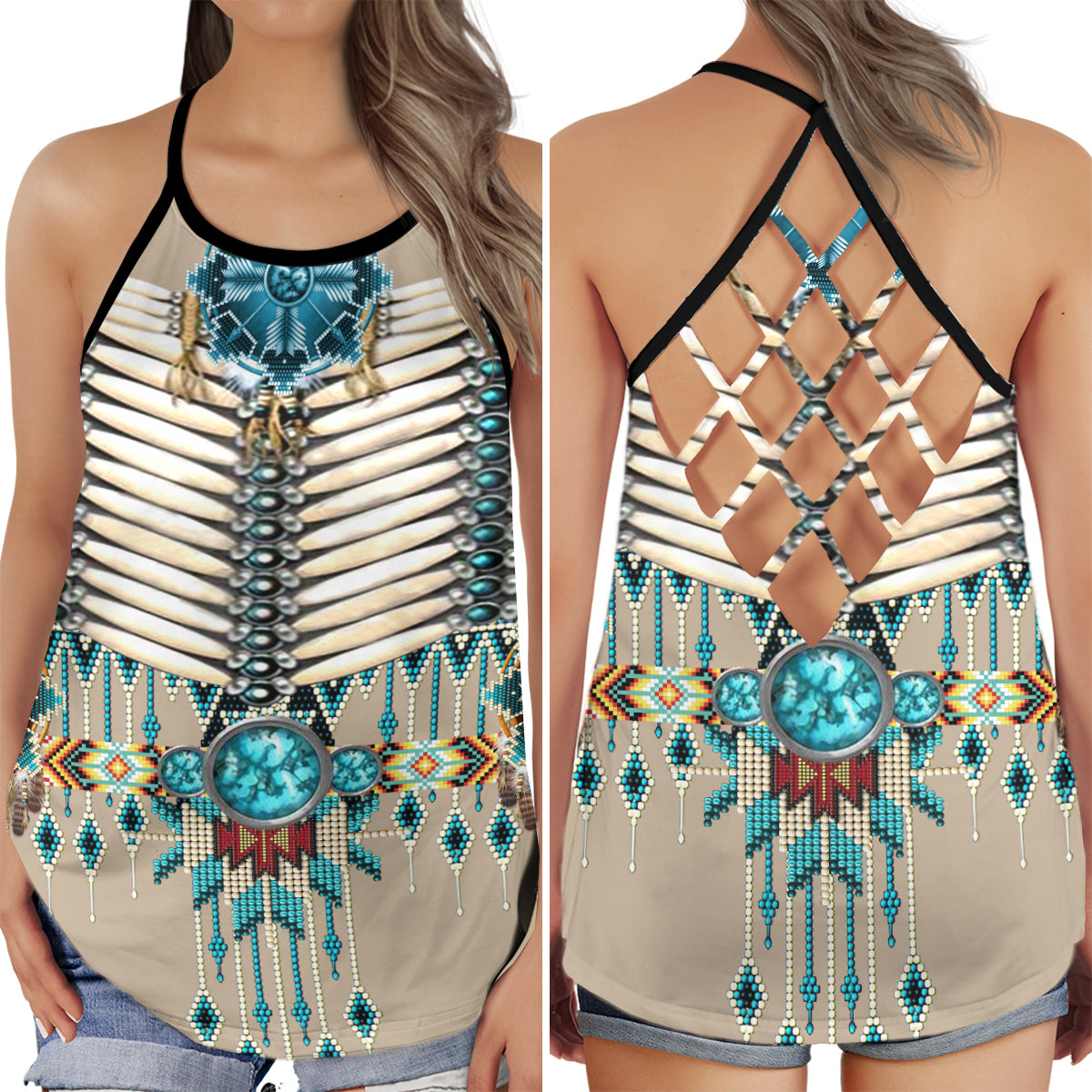 Blue Heritage Spirit Hollow Tank Top For Yoga Workouts And Festival Wear