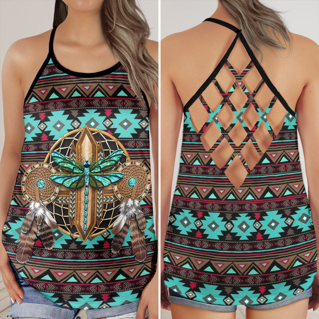Native Inspired Peace Artistic Pattern Hollow Tank Top For Yoga Workouts And Festival Wear