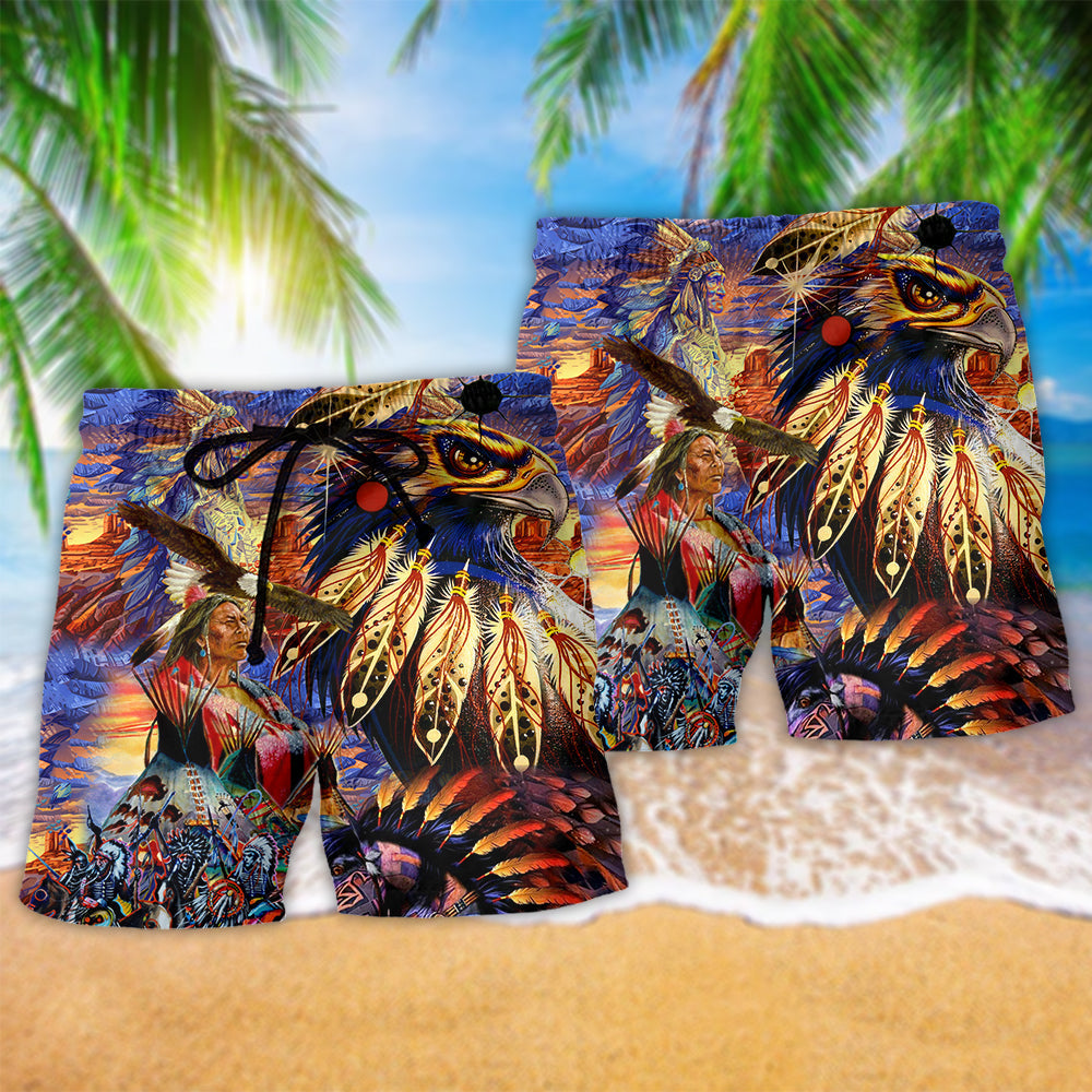 Nature Spirit Eagle Heart Inspired Beach Shorts Artwork Detail For Casual Warm Weather Outfits