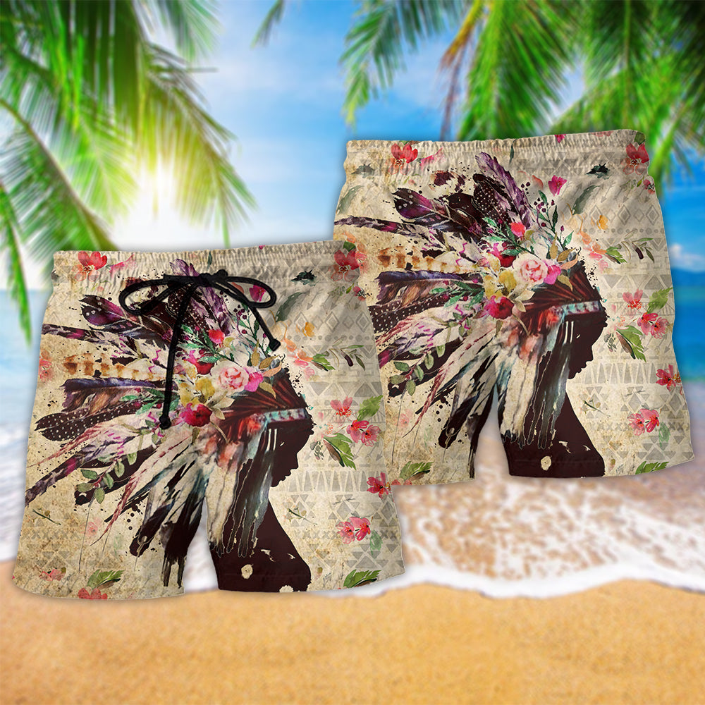 Native Girl Floral Color Portrait Beach Shorts Design Detail For Weekend Getaways And Beach Days