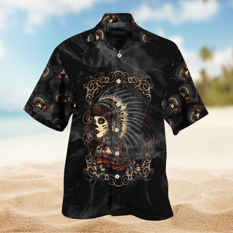 Native Skull Hawaiian Shirt For Summer Vacation, Beach Travel, And Casual Wear