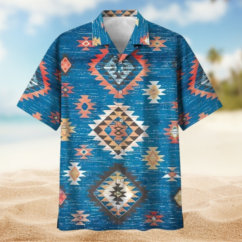 Southwestern Geometric Peace Hawaiian Shirt For Coastal Adventure, Tropical Retreat, And Weekend Wear