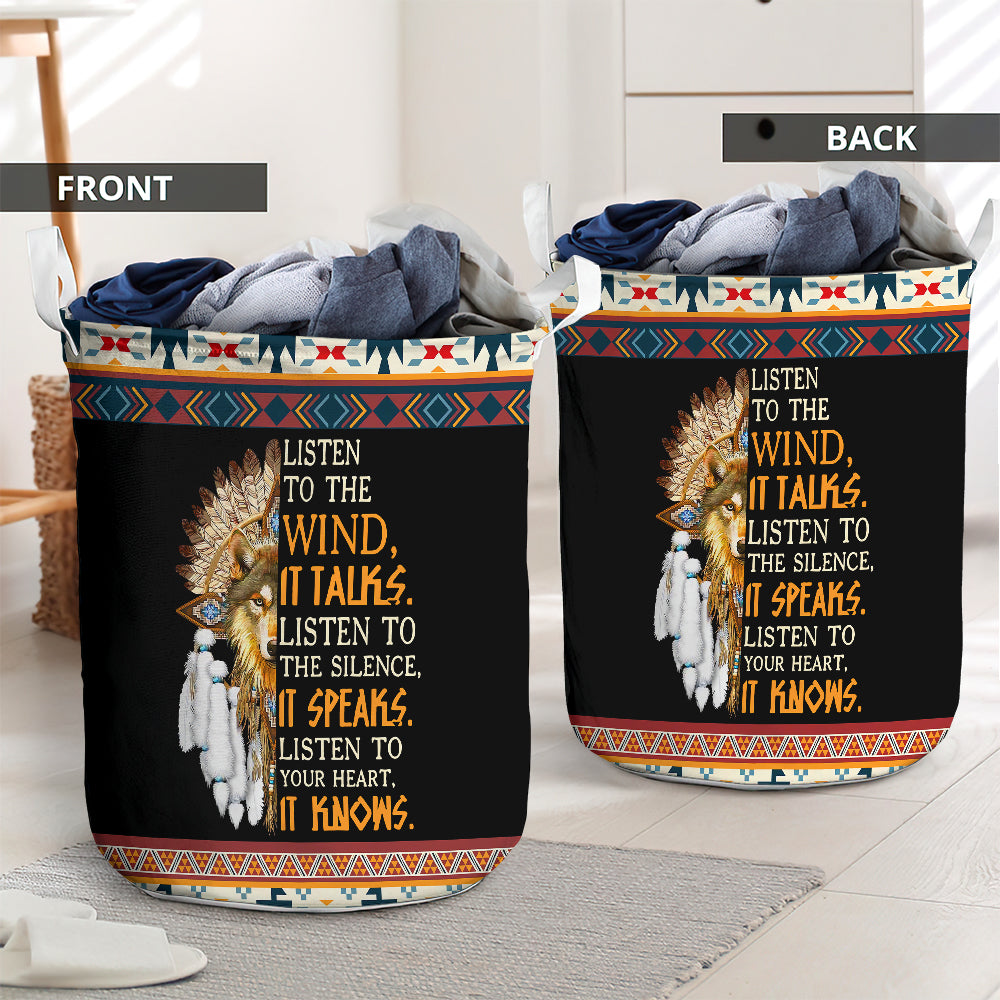 Native Wolf Dreamcatcher Listen To The Wind Laundry Basket For Bathroom Bedroom Storage