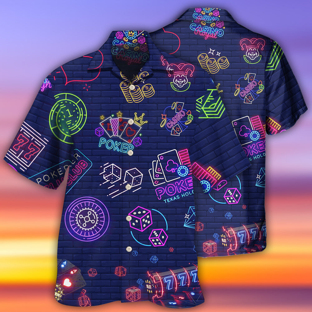 Neon Poker Gaming Hawaiian Shirt For Summer Vacation, Beach Travel, And Casual Wear