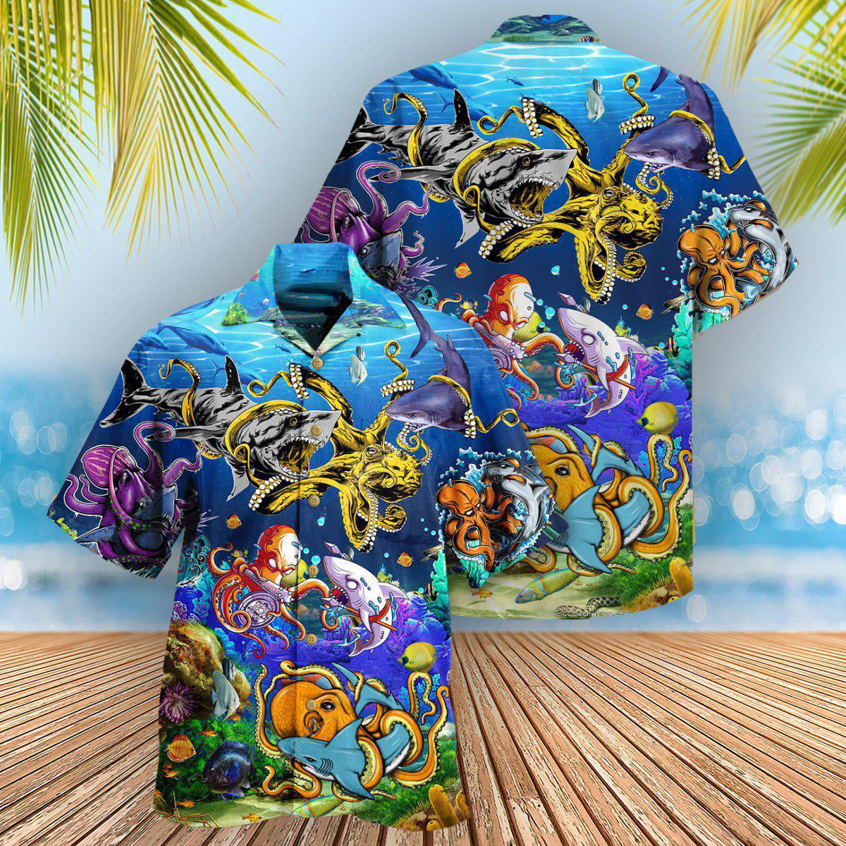 Octopus Ocean Shark Fighting Amazing Hawaiian Shirt Artwork View For Weekend Travel And Beach Style