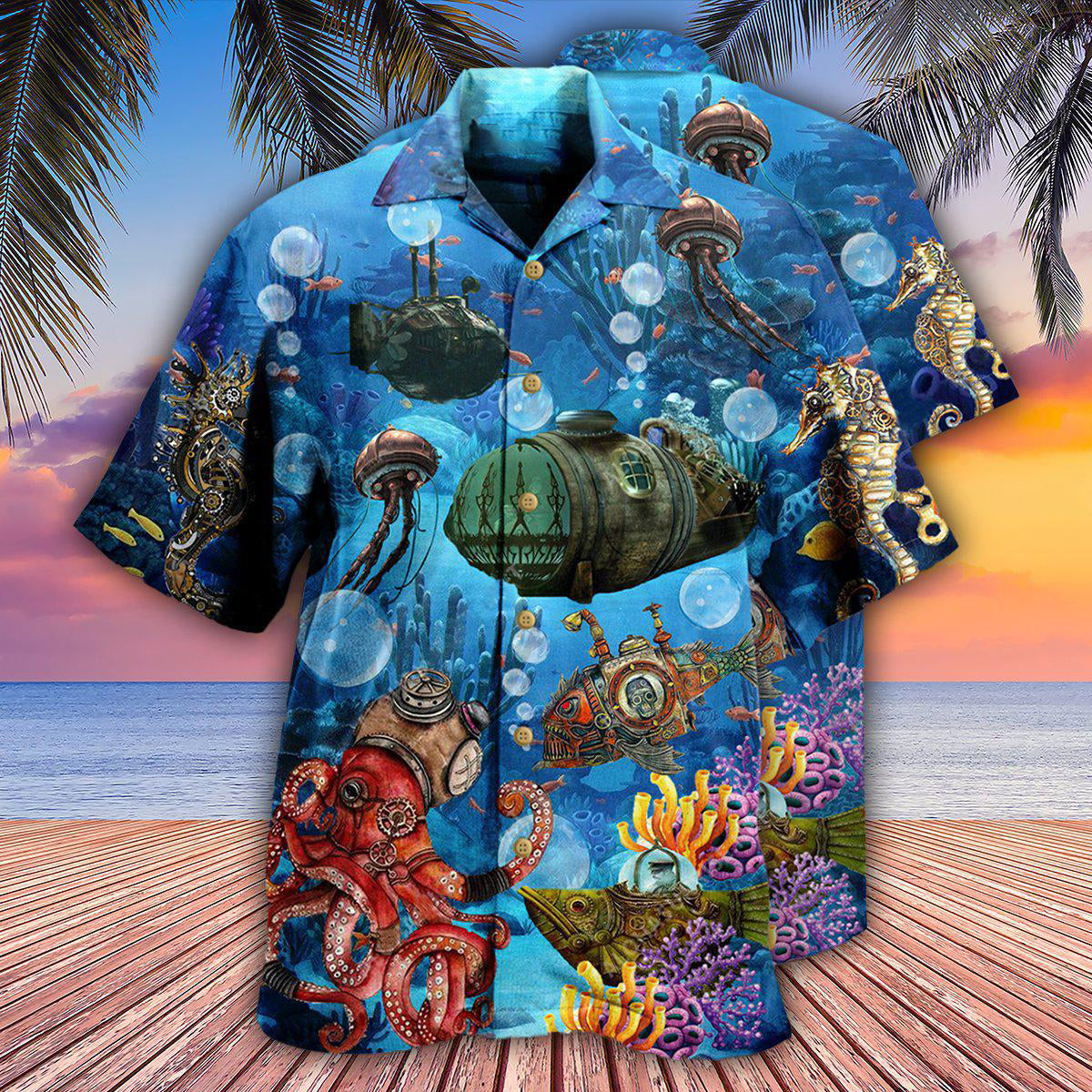 Ocean Steampunk Hawaiian Shirt With All Over Print For Vacation Parties Beach Outings And Relaxed Daily Wear