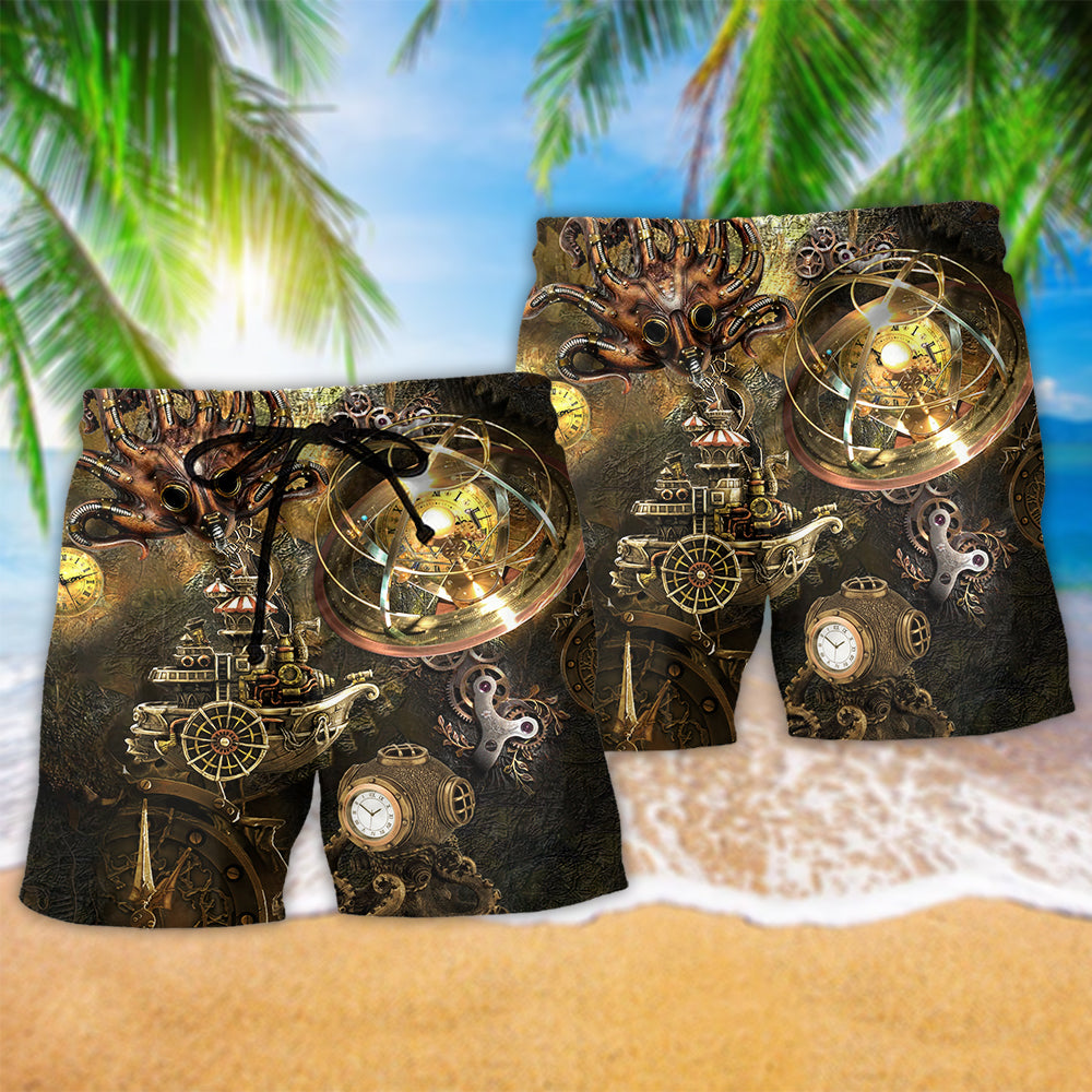 Steampunk Octopus Snow Beach Shorts Pattern View For Coastal Holidays And Casual Activities