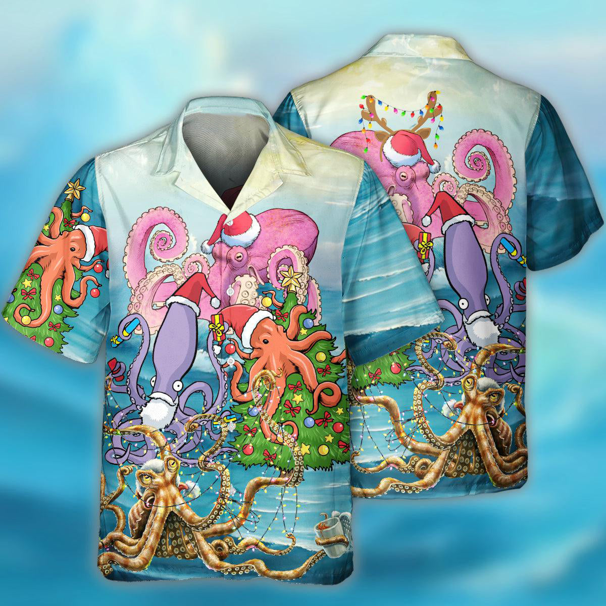 Festive Octopus Christmas Full Hawaiian Shirt For Summer Vacation And Beach Travel