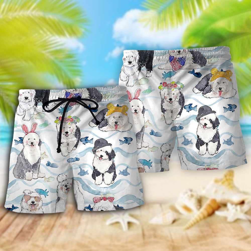 Old English Sheepdog Cute Beach Shorts Design View For Comfortable Resort And Beach Styling