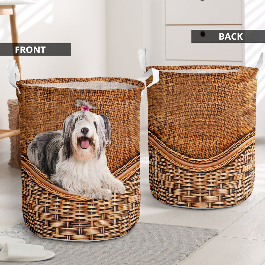 Dog Old English Sheepdog Rattan Texture Laundry Basket For Room Home Organizer