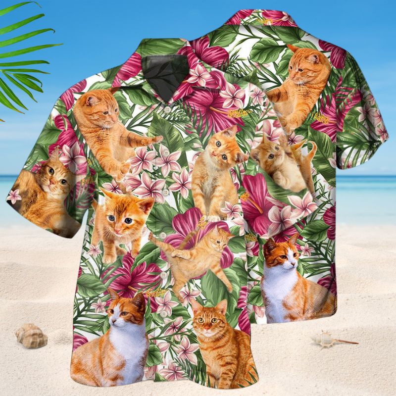 Floral Tropical Orange Cat Hawaiian Shirt For Island Vacations, Resort Wear, And Relaxed Seasonal Style