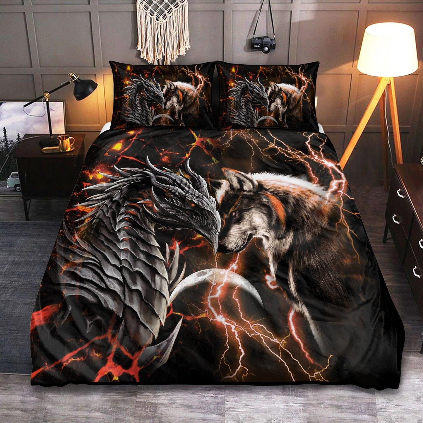 Orange Dragon And Wolf Fantasy Bedding Cover For Fantasy Bedroom Decor