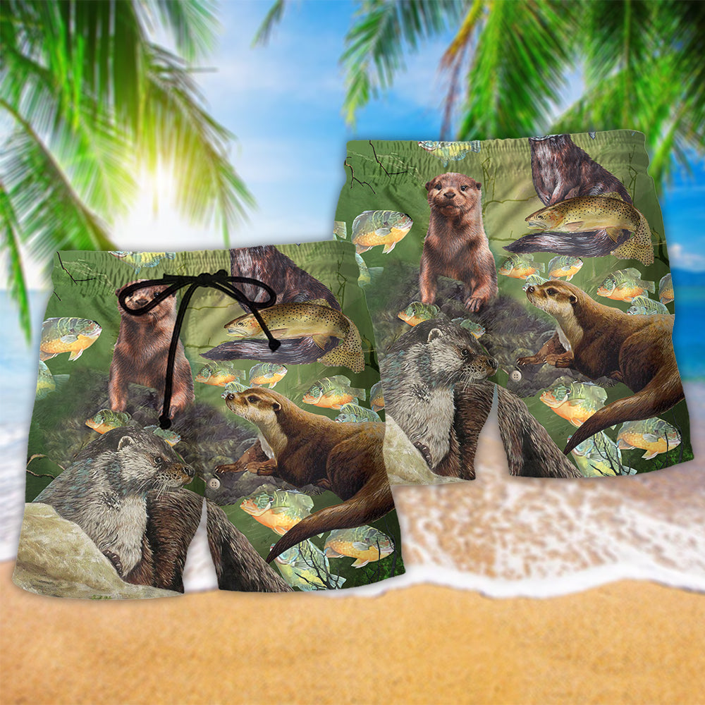 Otter Busy Fishing Day Wildlife Beach Shorts For Resort Travel And Thoughtful Summer Gifting