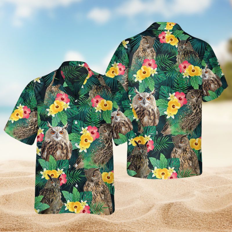 Tropical Summer Owl Hawaiian Shirt For Island Vacations, Resort Wear, And Relaxed Seasonal Style