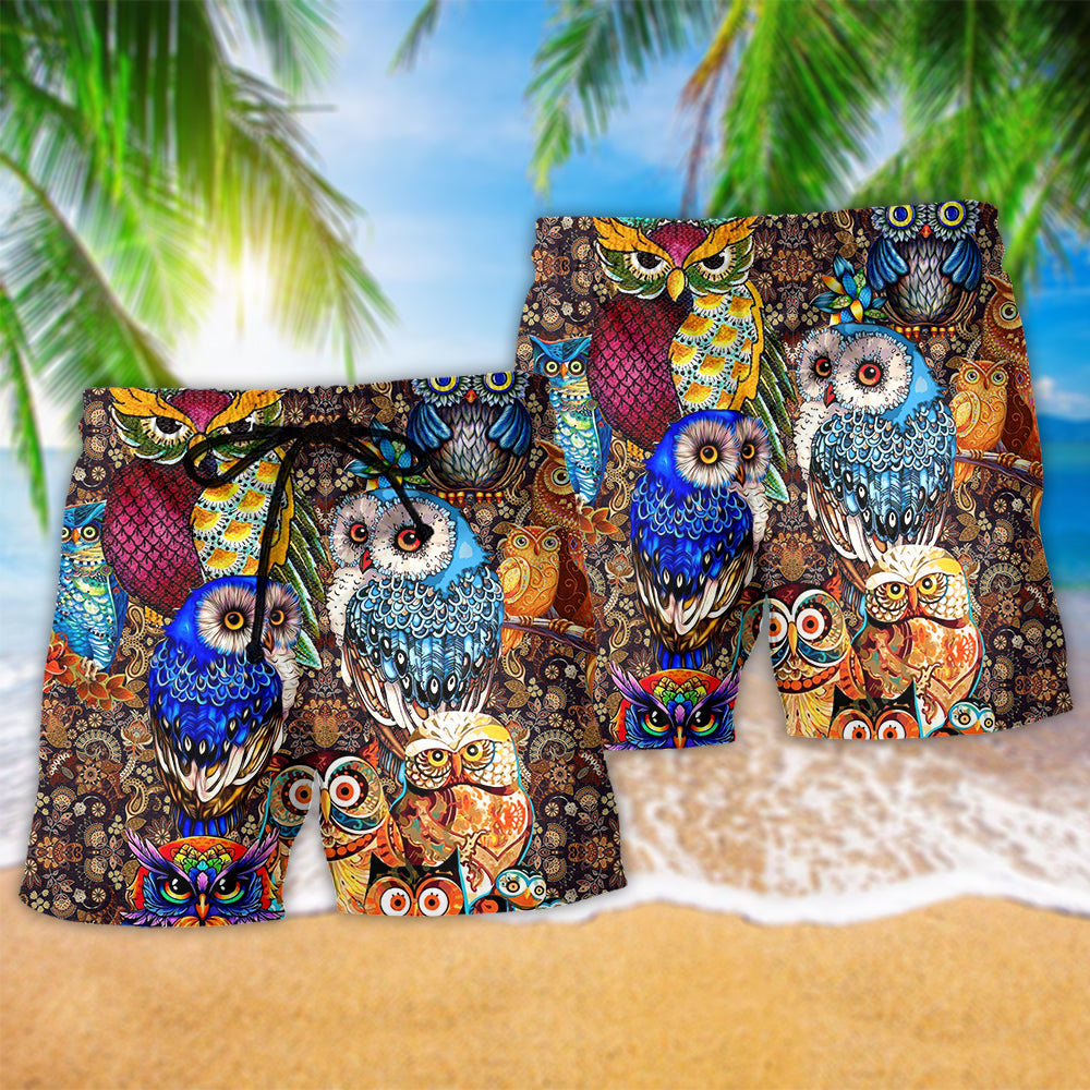 Owl Full Color Love Hawaiian Print Beach Shorts For Sunny Getaways And Gifting