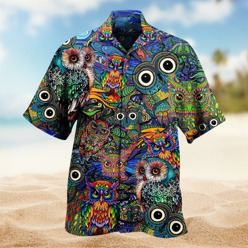 Owl Pattern Hawaiian Shirt For Warm Weather Outing, Weekend Escape, And Summer Party Style