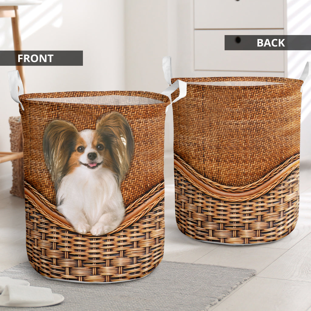 Dog Papillon Dog Rattan Texture Laundry Basket For Room Home Organizer