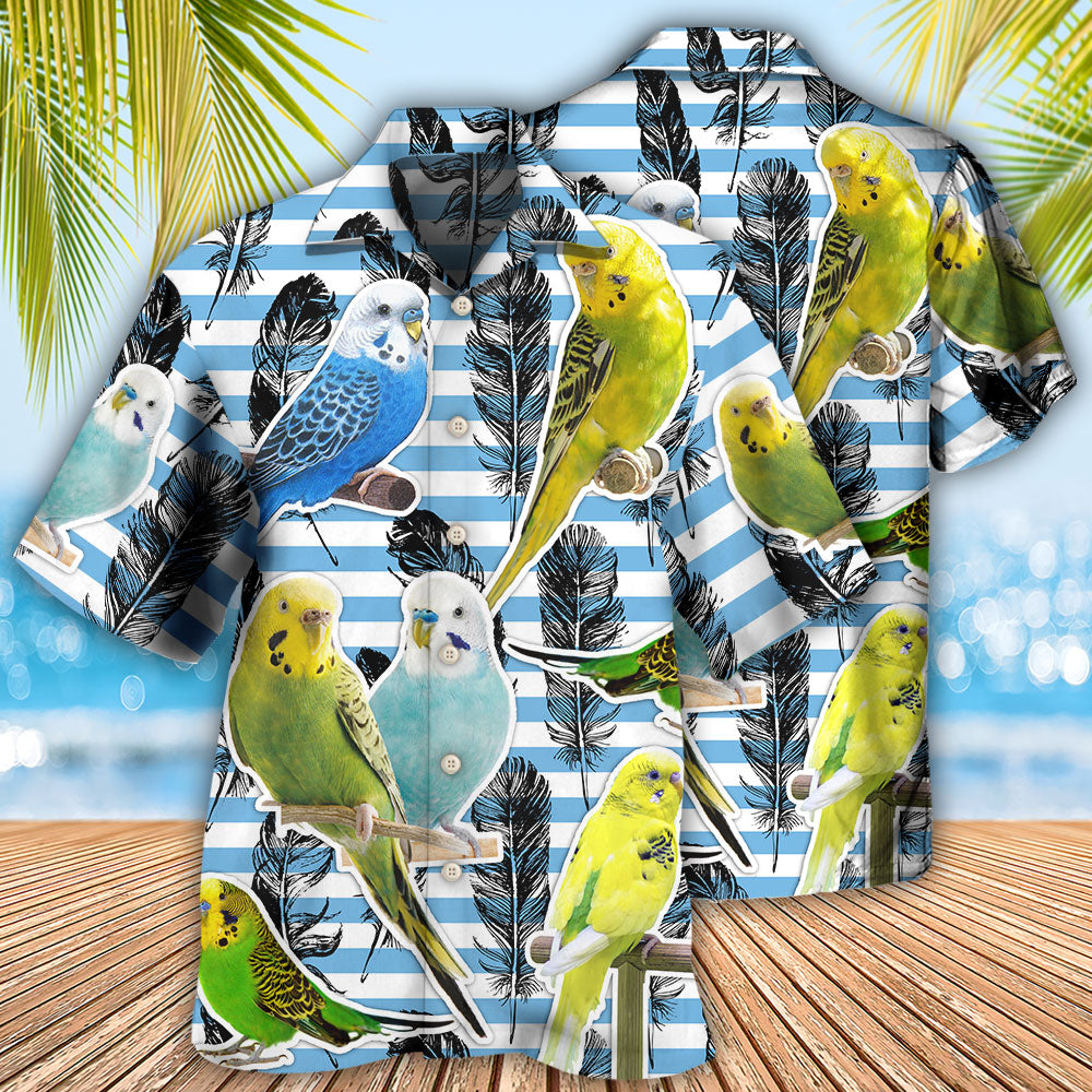 Blue White Parrot Parakeet Stripe Hawaiian Shirt For Poolside Relaxation And Sunny Getaways