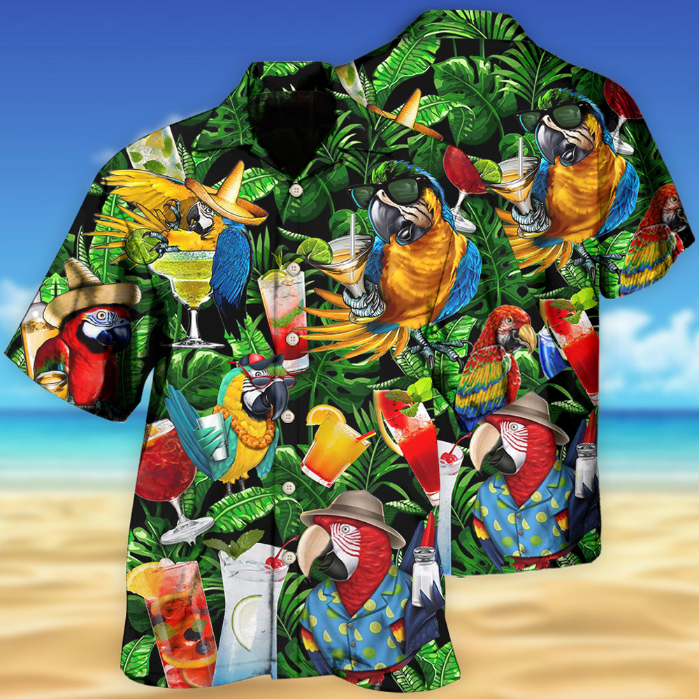 Parrot Drinking Cocktail Fun Hawaiian Shirt Design View For Casual Summer Styling
