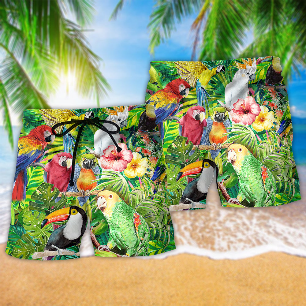 Parrot Tropical Floral Beach Shorts Pattern Detail For Seaside Leisure And Comfortable Resort Style