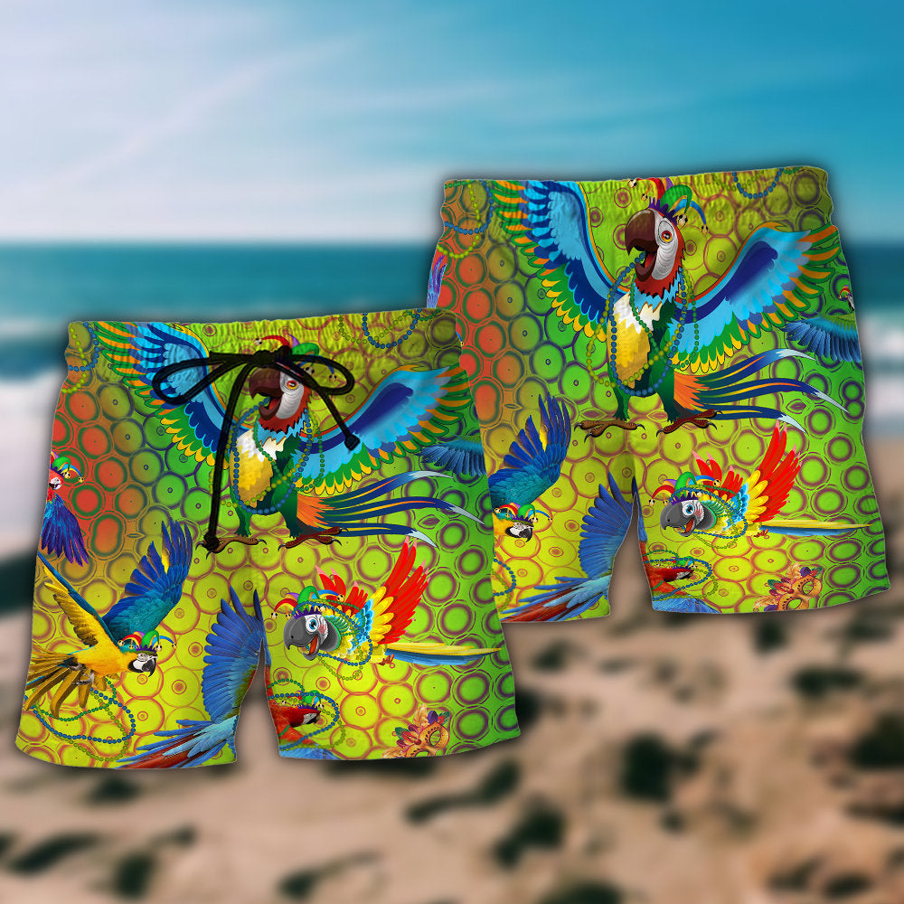 Colorful Mardi Gras Parrot Beach Shorts Pattern Detail For Summer Adventures And Weekend Casual Style
