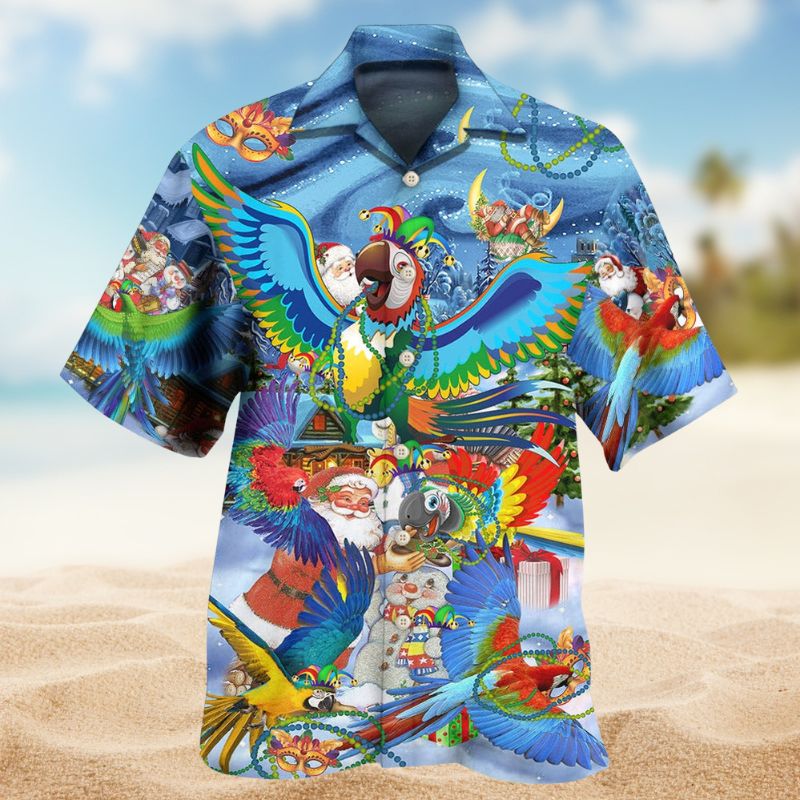Parrot Mardi Gras Christmas Hawaiian Shirt For Island Vacations, Resort Wear, And Relaxed Seasonal Style