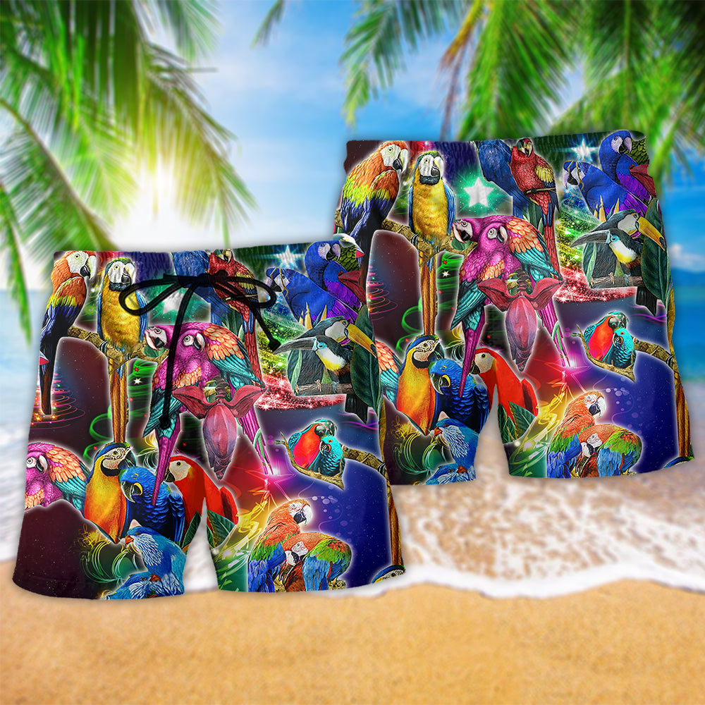 Tropical Neon Light Christmas Parrot Beach Shorts Pattern Detail For Seaside Leisure And Everyday Comfort