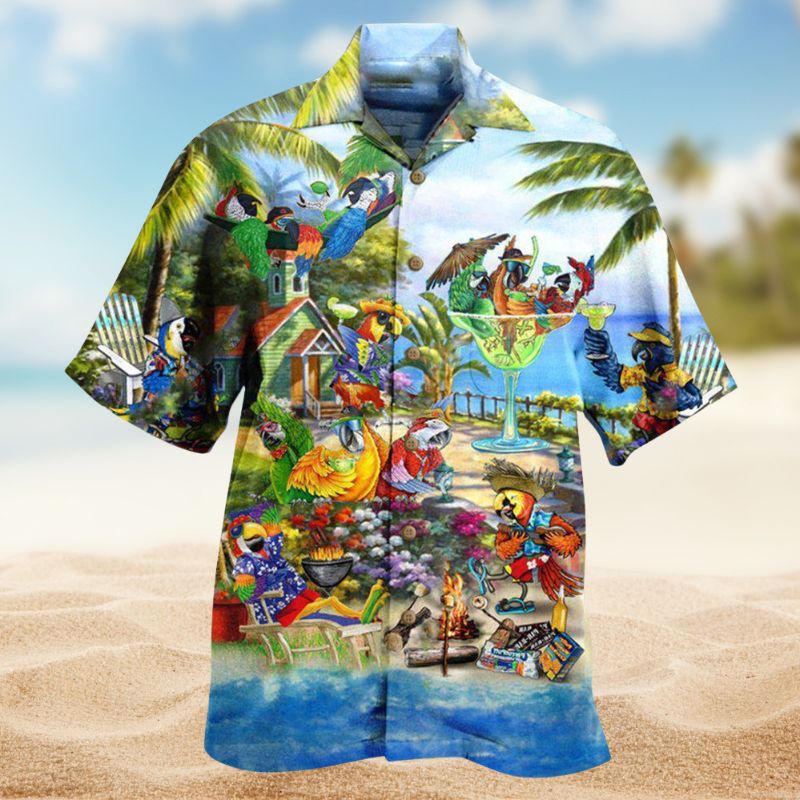 Tropical Summer Parrot Party Hawaiian Shirt For Coastal Getaways, Outdoor Gatherings, And Thoughtful Gift Giving