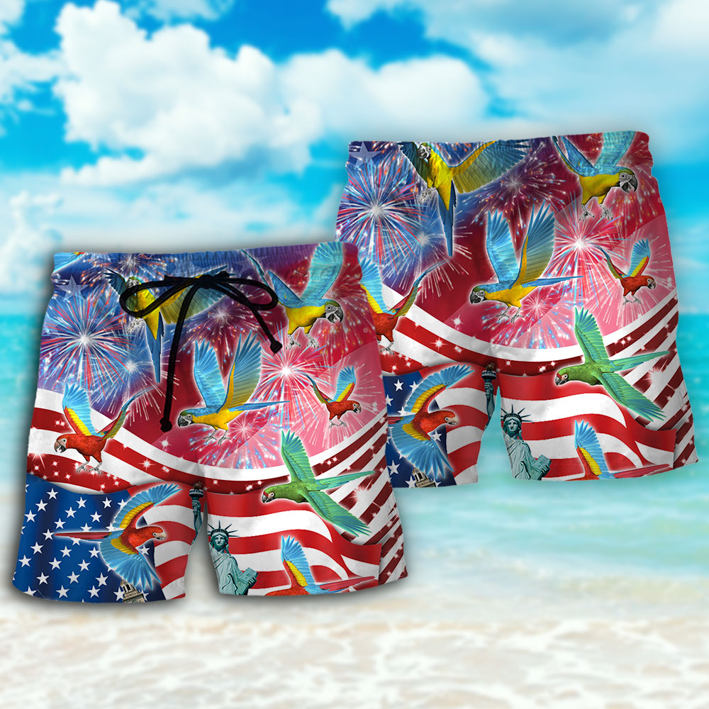 Parrot USA Flag Firework Independence Day Beach Shorts For Beach Trips And Relaxed Vacation Styling