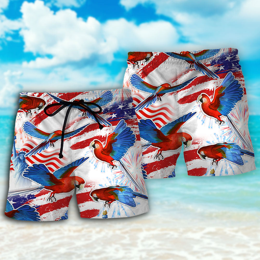 Parrot America Flag Independence Day Beach Shorts Pattern Detail For Sunny Outdoor Activities