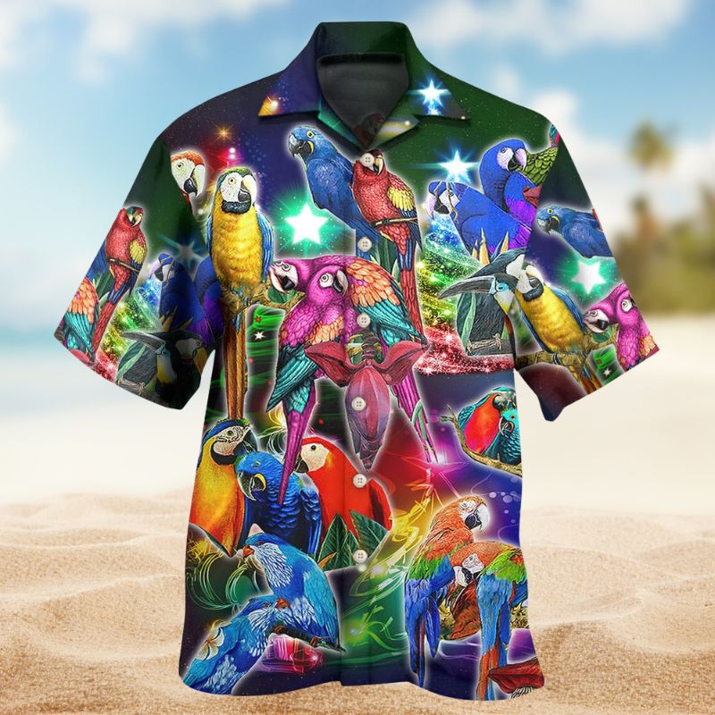 Tropical Parrot Christmas Hawaiian Shirt For Summer Vacation, Beach Travel, And Casual Wear