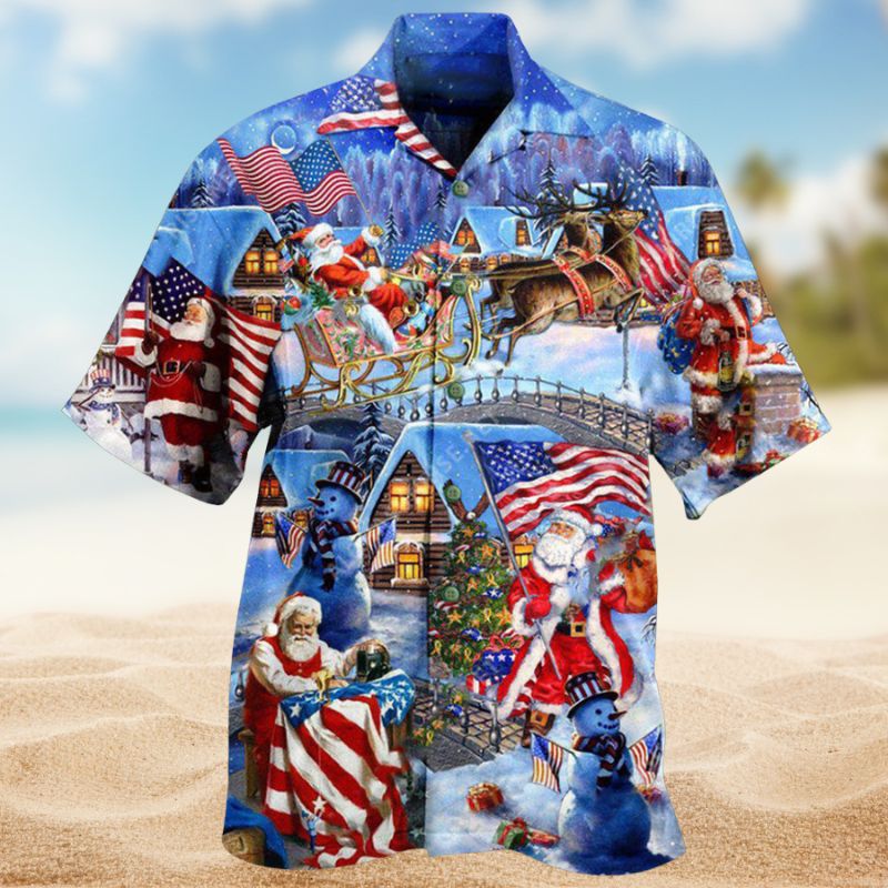Patriotic Christmas Santa Hawaiian Shirt For Beach Days, Summer Outings, And Thoughtful Gift Giving