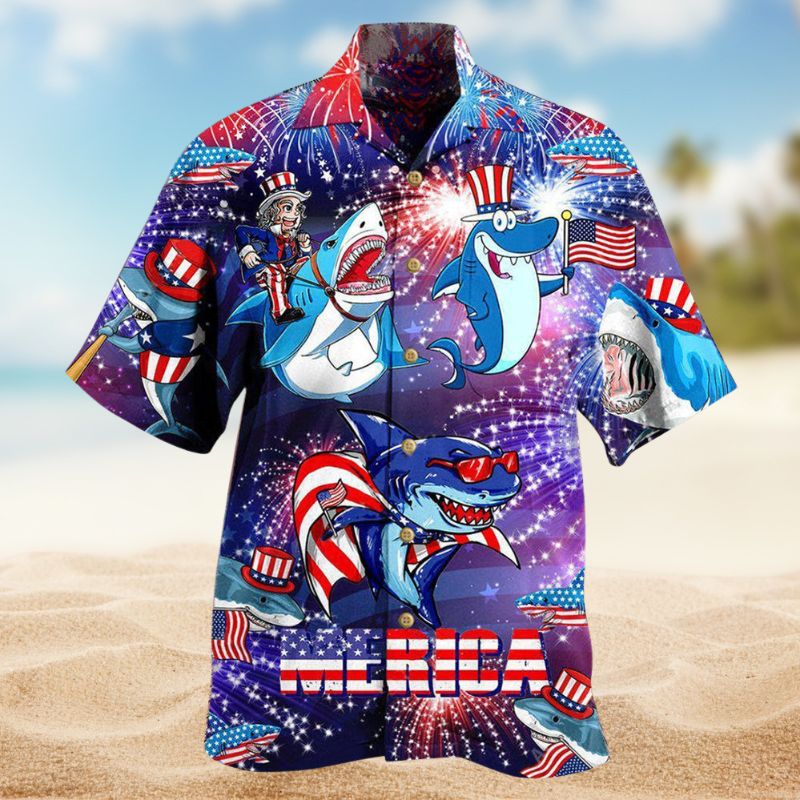 Patriotic Shark Hawaiian Shirt For Summer Vacation, Beach Travel, And Casual Wear