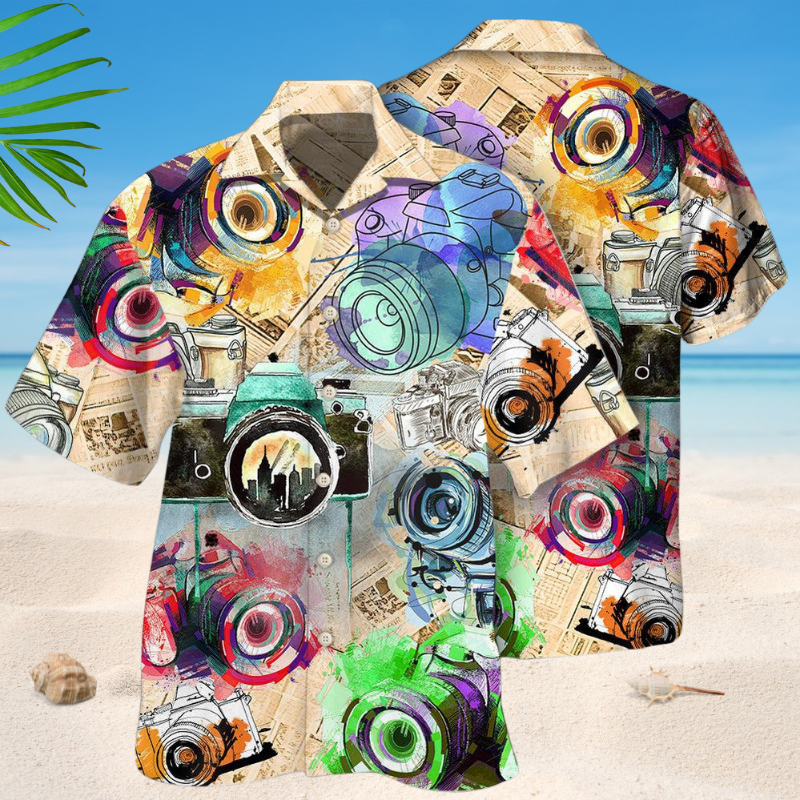 Vintage Photography Hawaiian Shirt For Summer Vacation, Beach Travel, And Casual Wear