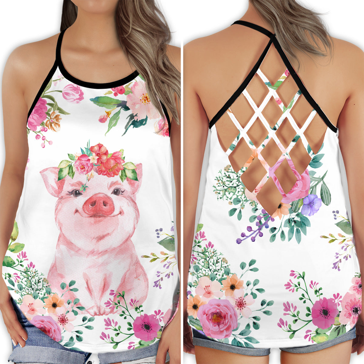 Pig Lover Floral Farm Hollow Tank Top For Yoga Practice And Summer Outings