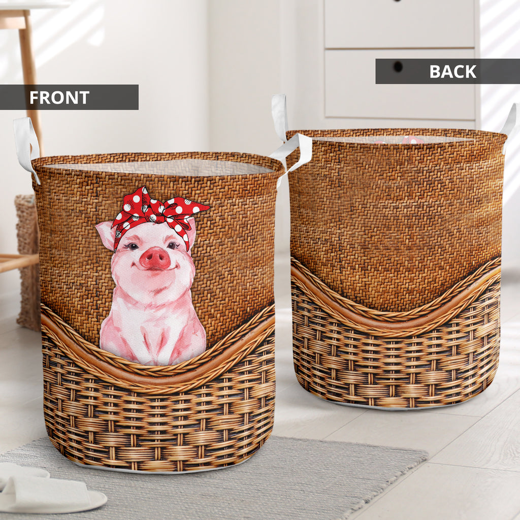 Pig Ribbon Rattan Texture Laundry Basket For Room Home Organizer