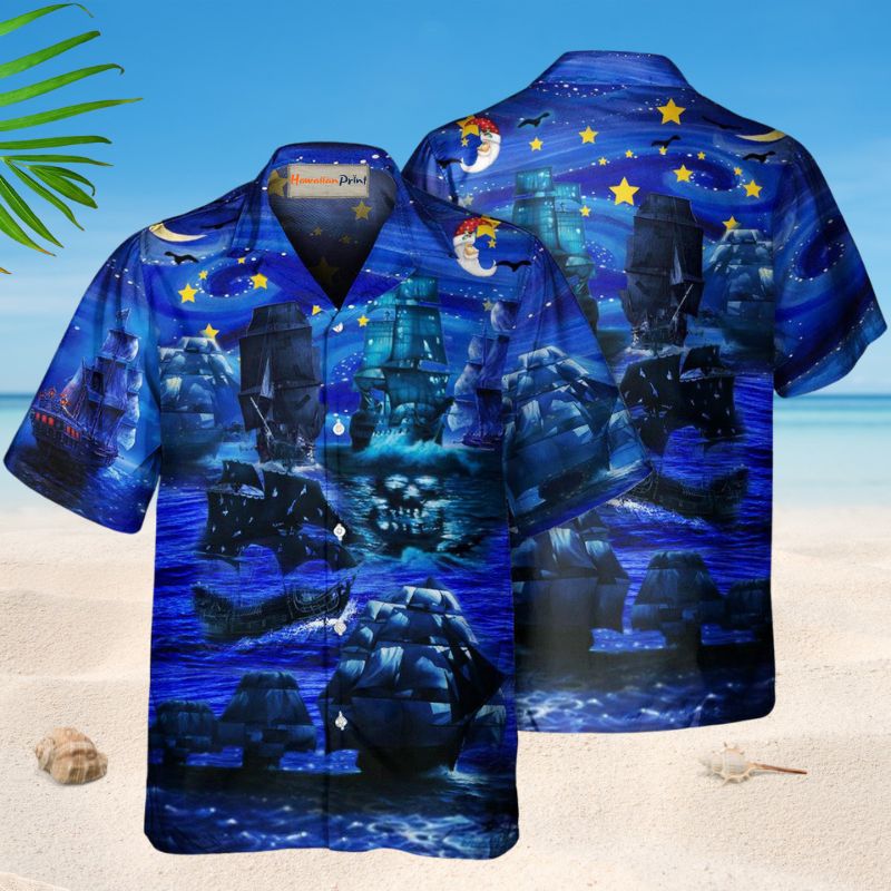Pirate Ship Romantic Moonlight Hawaiian Shirt For Resort Trips, Coastal Parties, And Warm Weather Style