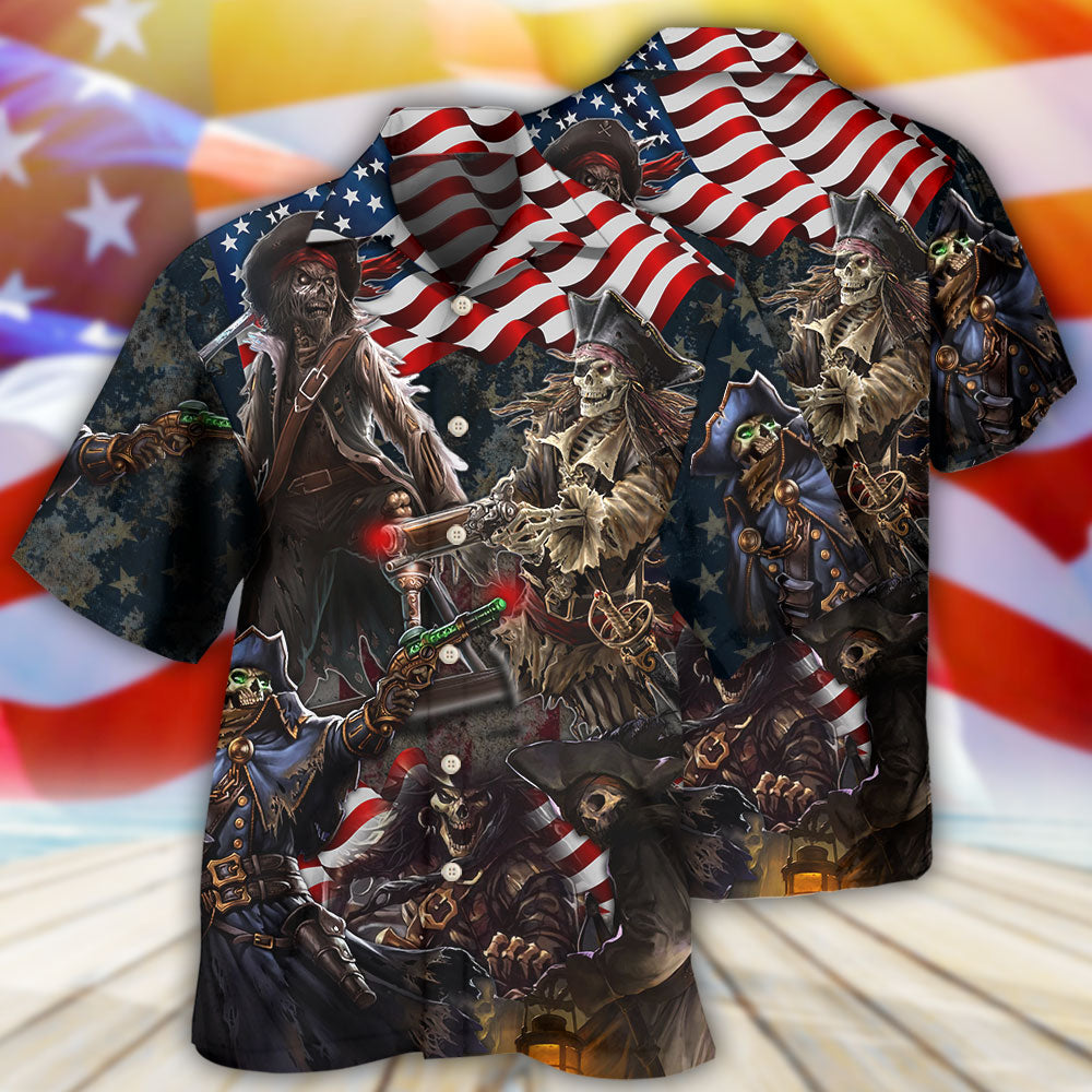 Nautical Pirate Skeleton USA Flag Independence Day Hawaiian Shirt Artwork Detail For Tropical Trips And Casual Outings