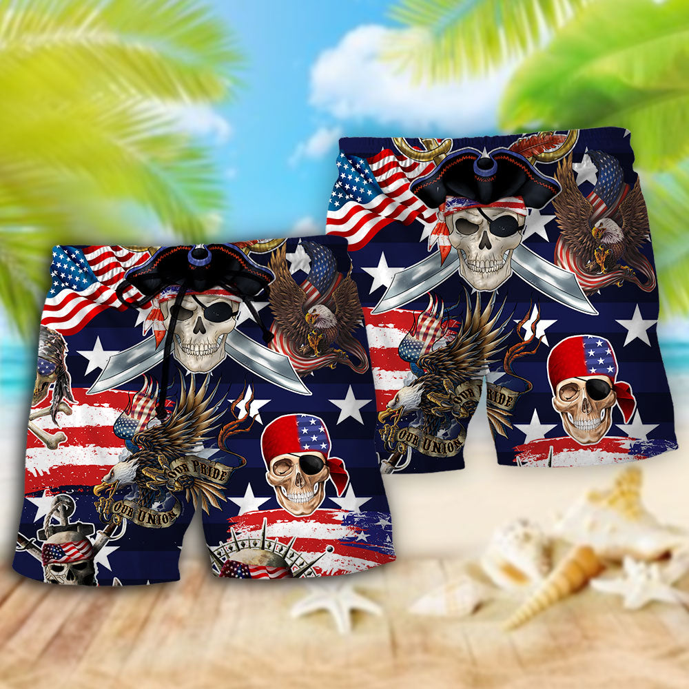 Pirate Skeleton USA Independence Day Beach Shorts Design View For Summer Events And Coastal Getaways