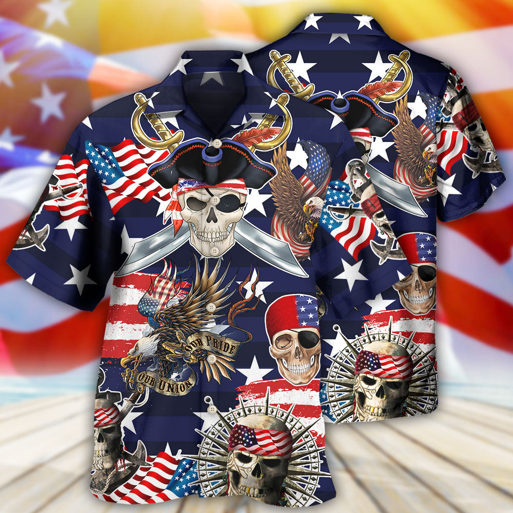 Nautical Pirate Skeleton American Independence Day Hawaiian Shirt Pattern Detail For Vacation Travel And Daily Wear