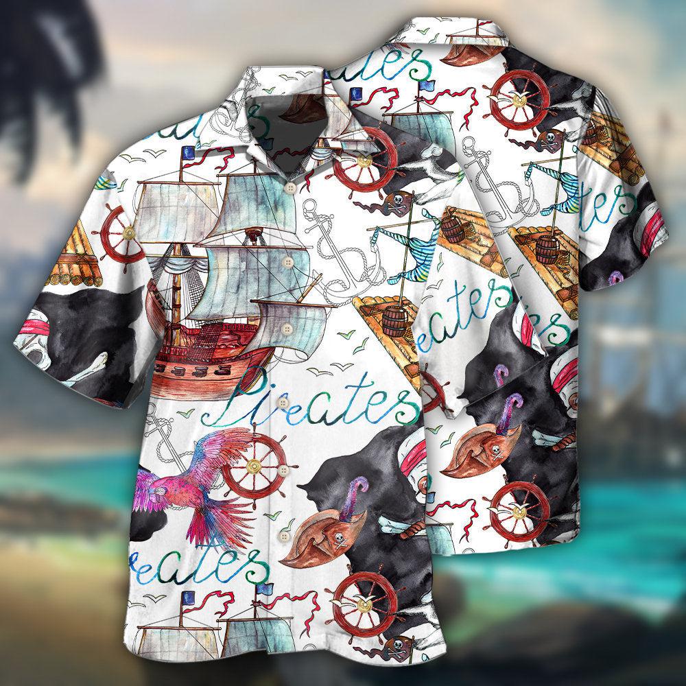 White Ship Nautical Pirate Anchor Hawaiian Shirt For Vacation Days And Relaxed Coastal Outings