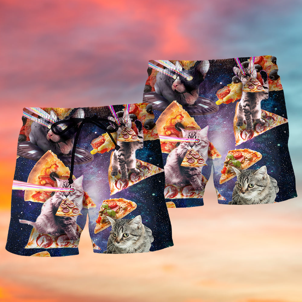 Pizza Cat Galaxy Fantasy Beach Shorts Artwork Detail For Comfortable Everyday Summer Wear