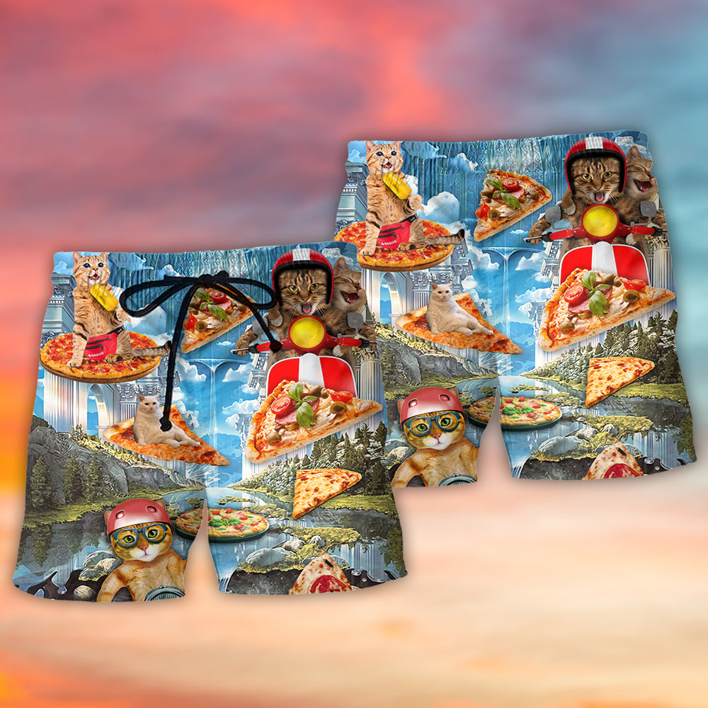 Cat And Pizza Funny Combo Beach Shorts Pattern View For Resort Days And Outdoor Activities
