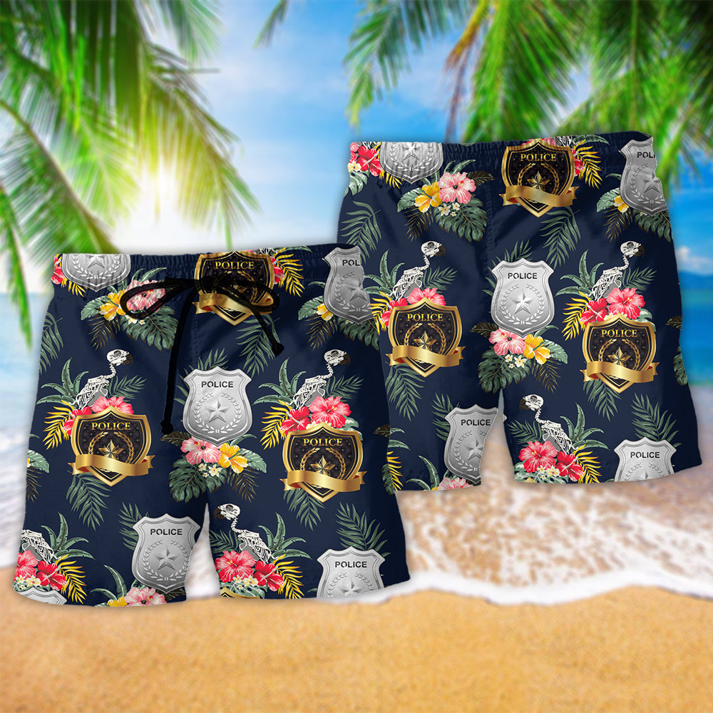 Tropical Floral Police Symbol Beach Shorts Pattern Detail For Seaside Leisure And Laid Back Styling