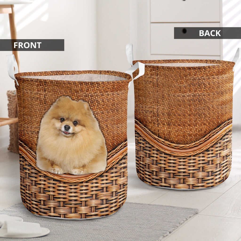 Pomeranian Dog Rattan Texture Laundry Basket For Room Home Organizer